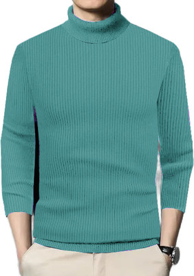 Cat Bunny Self Design High Neck Casual Men Green Sweater