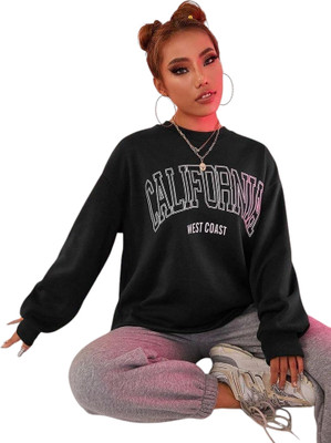 HouseOfCommon Printed Round Neck Casual Women Black Sweater