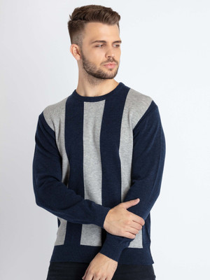 Status Quo Colorblock Round Neck Casual Men Blue Sweater