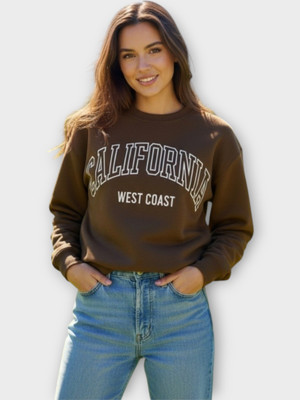 HouseOfCommon Printed Round Neck Casual Women Brown Sweater