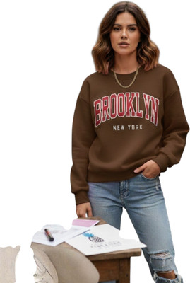 HouseOfCommon Printed Round Neck Casual Women Brown Sweater