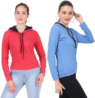 Ayvina Solid Women Hooded Neck Red, Blue T-Shirt