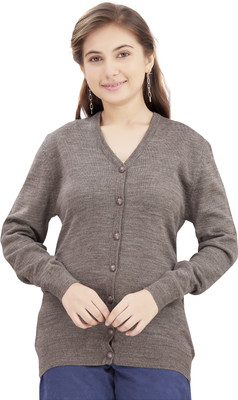 Roadster Solid V Neck Casual Girls Brown Sweater