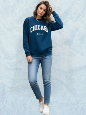 HouseOfCommon Printed Round Neck Casual Women Dark Blue Sweater