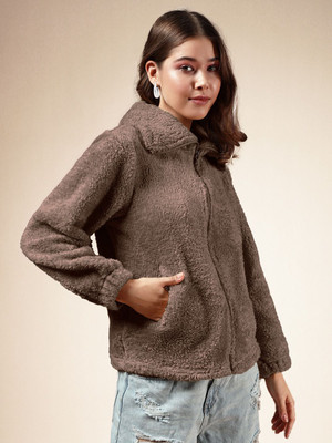 THE DRY STATE Self Design Collared Neck Casual Women Brown Sweater