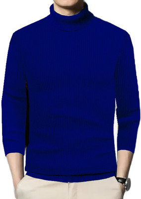 Cat Bunny Self Design High Neck Casual Men Blue Sweater