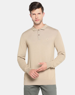 Blackberrys Solid Collared Neck Casual Men Beige Sweater
