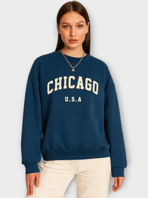 Elite Printed Round Neck Casual Women Dark Blue Sweater