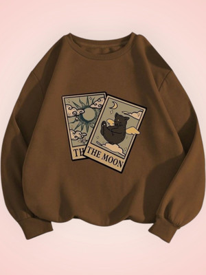 Draxstarfashion Printed Round Neck Casual Women Brown Sweater