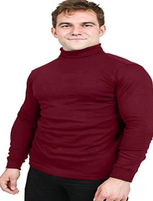 YCLUB Self Design High Neck Casual Men Maroon Sweater