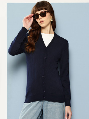 METRONAUT Solid V Neck Casual Women Dark Blue Sweater