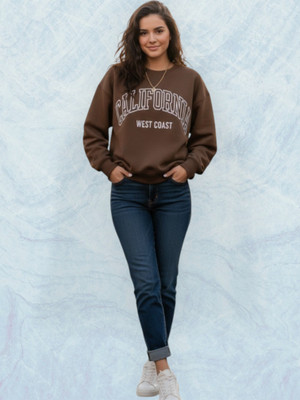 HouseOfCommon Printed Round Neck Casual Women Brown Sweater