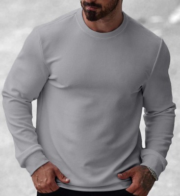 KAJARU Solid Round Neck Casual Men Grey Sweater