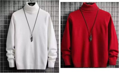 Farlucci Solid High Neck Casual Men White, Red Sweater