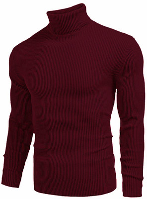 Gmok Solid Men High Neck Maroon T-Shirt
