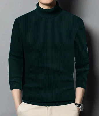FREAKS Striped High Neck Casual Men Green Sweater