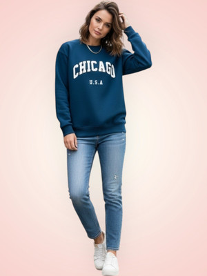 Elite Printed Round Neck Casual Women Dark Blue Sweater