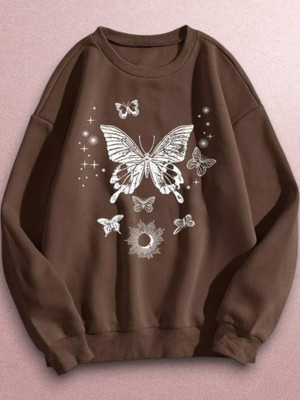 Draxstarfashion Printed Round Neck Casual Women Brown Sweater