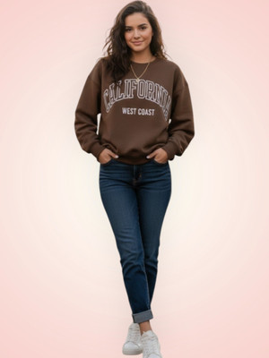 HouseOfCommon Printed Round Neck Casual Women Brown Sweater