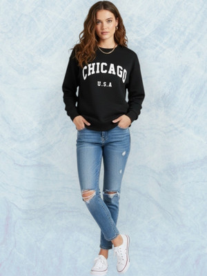 Elite Printed Round Neck Casual Women Black Sweater