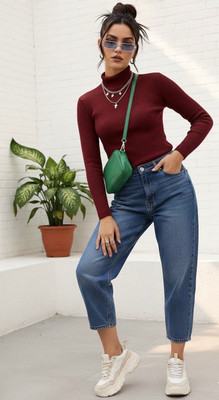 Divra Clothing Self Design High Neck Casual Women Maroon Sweater