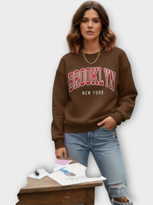 HouseOfCommon Printed Round Neck Casual Women Brown Sweater