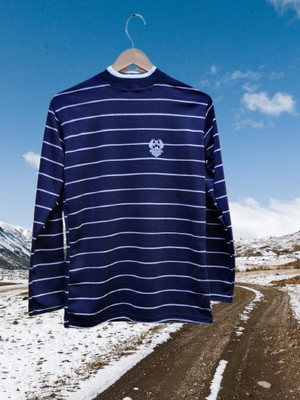 Tiki Tees Striped Round Neck Casual Men Blue Sweater