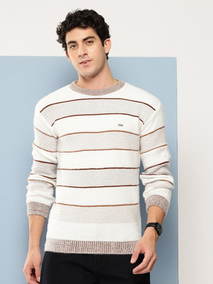 Roadster Striped Round Neck Casual Men White Sweater
