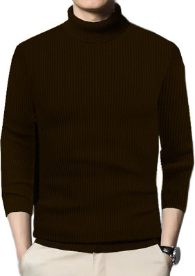 Cat Bunny Self Design High Neck Casual Men Brown Sweater