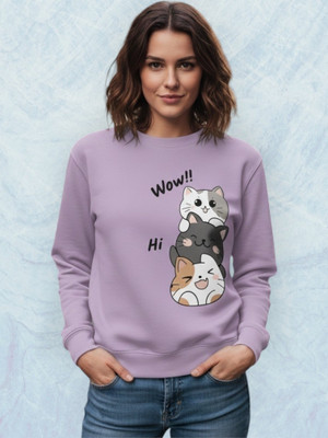 HouseOfCommon Printed Round Neck Casual Women Purple Sweater