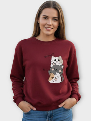 HouseOfCommon Printed Round Neck Casual Women Maroon Sweater
