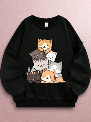 Draxstarfashion Printed Round Neck Casual Women Black Sweater