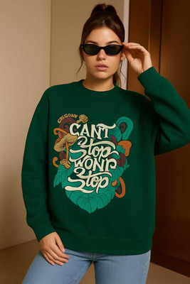 HouseOfCommon Printed Round Neck Casual Women Green Sweater