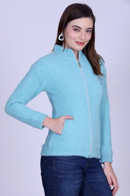 Pyro Spirit Solid Round Neck Casual Women Light Blue Sweater