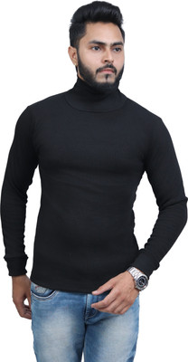 clothster Solid High Neck Casual Men Black Sweater