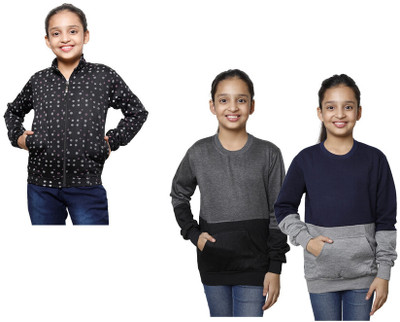 KAVYA Full Sleeve Printed, Color Block Girls Sweatshirt