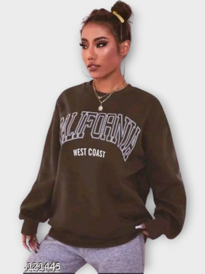 HouseOfCommon Printed Round Neck Casual Women Brown Sweater