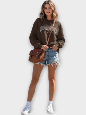 Stylezone Printed Round Neck Casual Women Brown Sweater