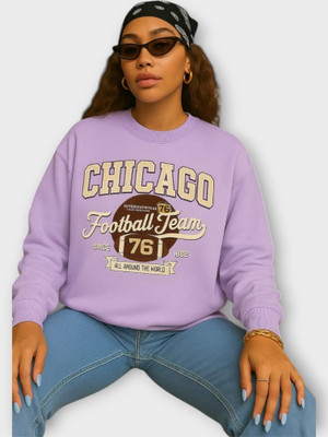 HouseOfCommon Printed Round Neck Casual Women Purple Sweater