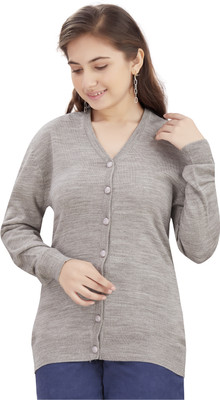 Aarika Self Design V Neck Casual Girls Beige Sweater