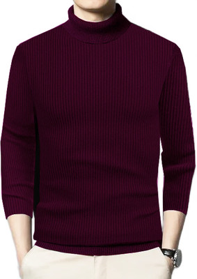 FASHLOOK Solid High Neck Casual Men Maroon Sweater