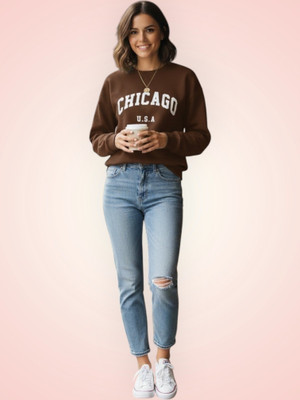 HouseOfCommon Printed Round Neck Casual Women Brown Sweater