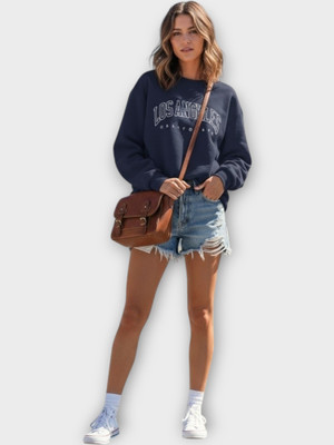 HouseOfCommon Printed Round Neck Casual Women Dark Blue Sweater