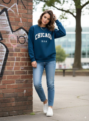 Elite Printed Round Neck Casual Women Dark Blue Sweater