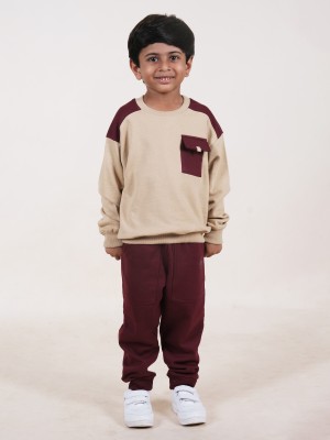 KiddoPanti Boys Casual Sweatshirt Track Pants(Beige & Maroon)