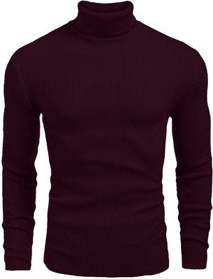 HOODLER Self Design Men High Neck Maroon T-Shirt