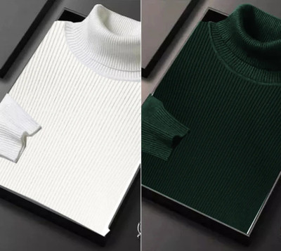 HouseOfCommon Self Design Turtle Neck Casual Men Green, White Sweater