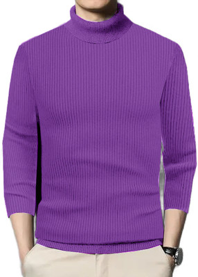 nikline Self Design High Neck Casual Men Purple Sweater