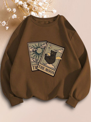 Draxstarfashion Printed Round Neck Casual Women Brown Sweater