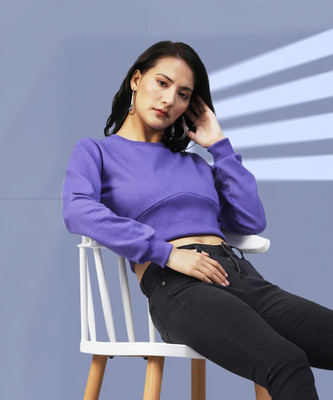 METRONAUT Women Purple Corset Fit Round Neck Fleece Sweatshirt Full Sleeve Solid Women Sweatshirt